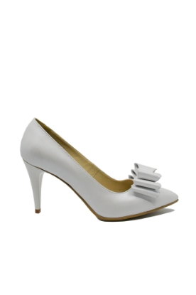 Imagine Pantofi stiletto alb sidefat, cu fundiță, din piele naturală SORA15