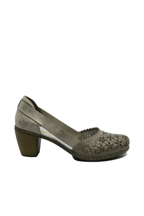 Imagine Pantofi cu toc din piele naturală bej cu model floral RIK40986-64