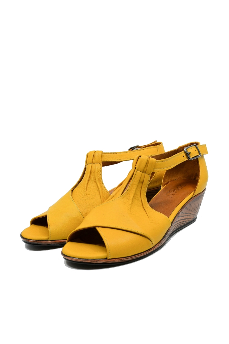 Imagine Sandale damă wedge cu baretă la gleznă, galben, din piele naturală MIR01