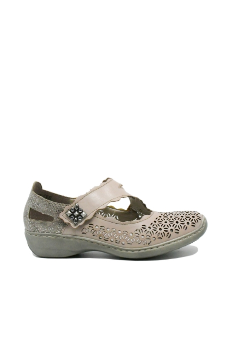 Imagine Pantofi comozi cu baretă bej argintii din piele naturală RIK413G4-42