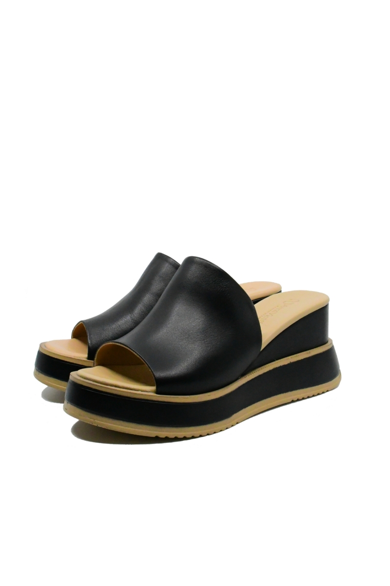 Imagine Saboți damă wedge cu platformă, negri, din piele naturală GOR979