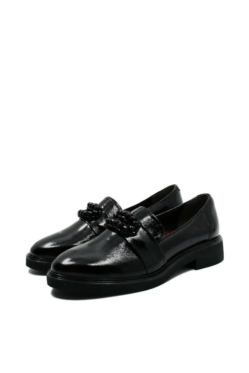 Imagine Pantofi damă casual, cu coroniță decorativă, negri, din lac FLO611