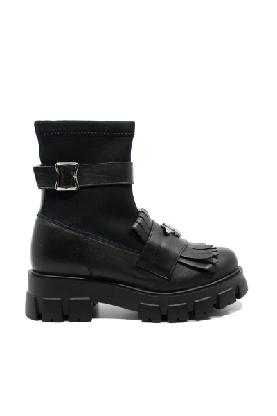 Imagine Ghete damă negre din piele naturală, cu aspect de loafer LF029