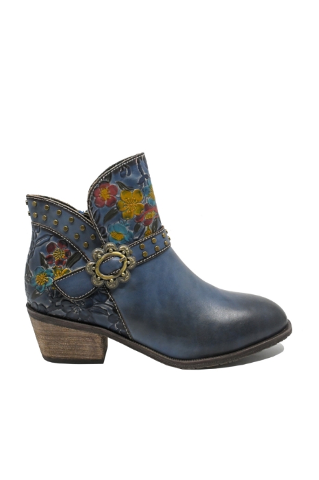 Imagine Ghete damă stil western cu model floral, navy din piele naturală FLGZM766-50