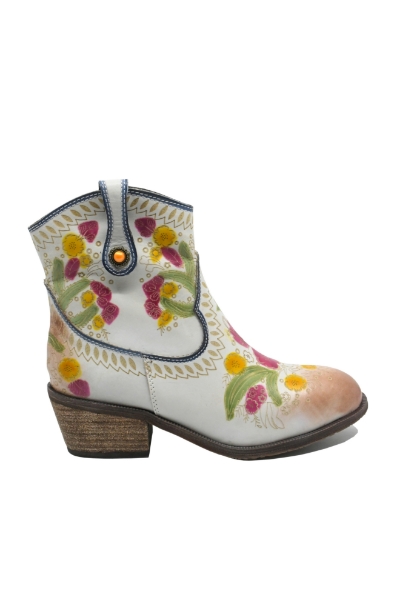 Imagine Ghete damă stil western cu model floral, albe din piele naturală FLGZM766-41