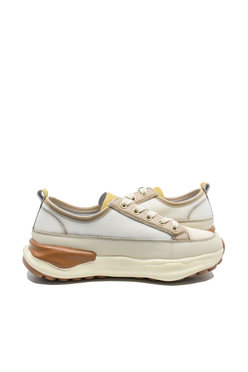 Imagine Pantofi sport damă din piele naturală, bej cu detalii galben FNX18001-3