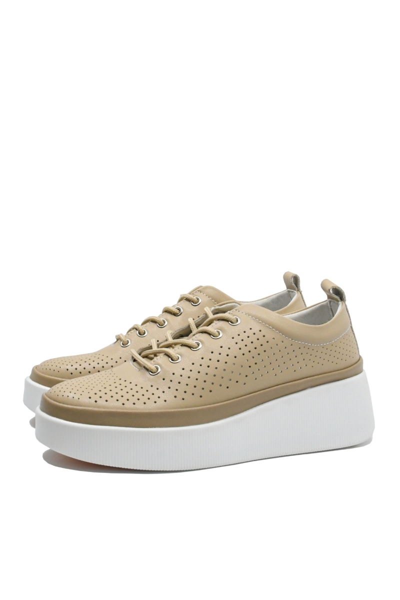 Imagine Pantofi casual cu platformă bej apricot, perforați, din piele naturală FNX244