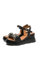 Imagine Sandale wedge negre din piele naturală, cu aplicație aurie MIR0026