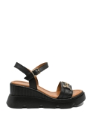 Imagine Sandale wedge negre din piele naturală, cu aplicație aurie MIR0026