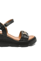 Imagine Sandale wedge negre din piele naturală, cu aplicație aurie MIR0026