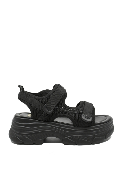 Imagine Sandale cu platformă negre, textil și piele naturală FNX49026