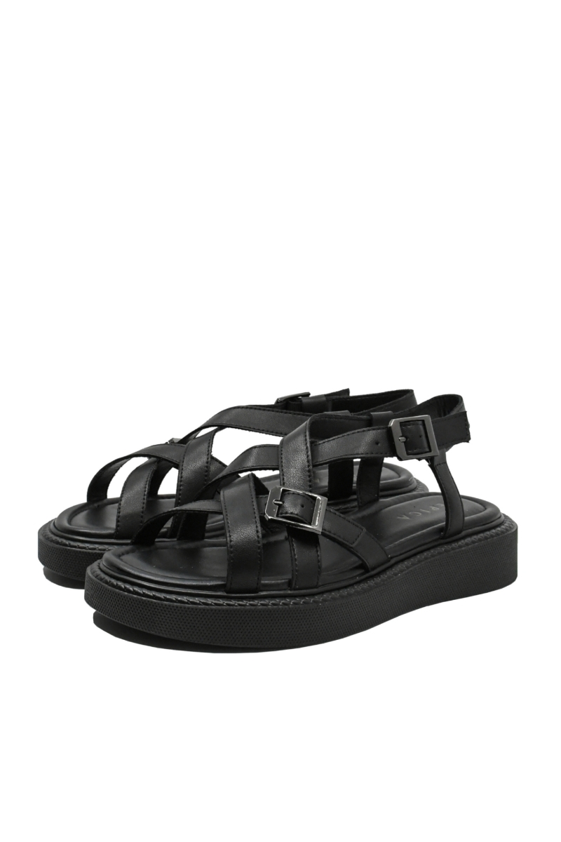 Imagine Sandale casual cu curelușe și catarame, negre din piele naturală OTR60005