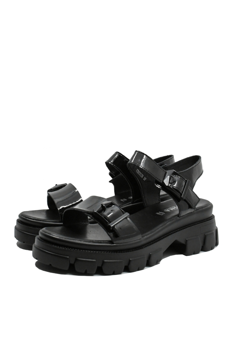 Imagine Sandale platformă negre din piele naturală, cu catarame decorative OTR60002
