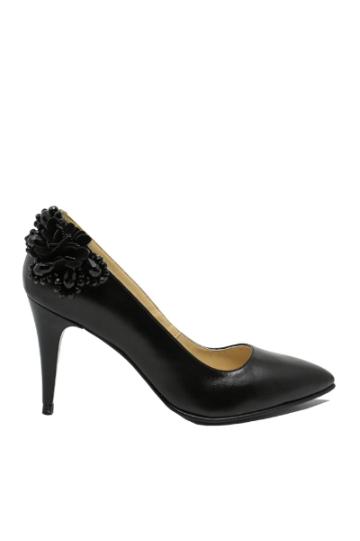 Imagine Pantofi stiletto negri, din piele naturală, cu buchet decorativ  SORA46