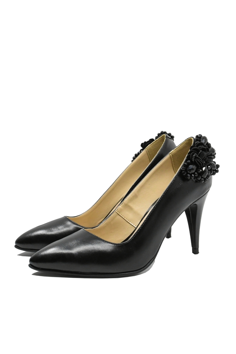 Imagine Pantofi stiletto negri, din piele naturală, cu buchet decorativ  SORA46