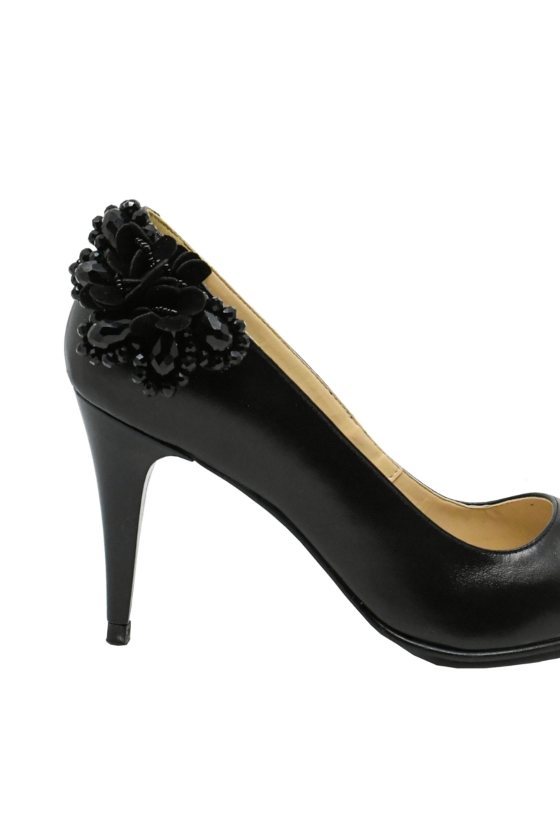 Imagine Pantofi stiletto negri, din piele naturală, cu buchet decorativ  SORA46