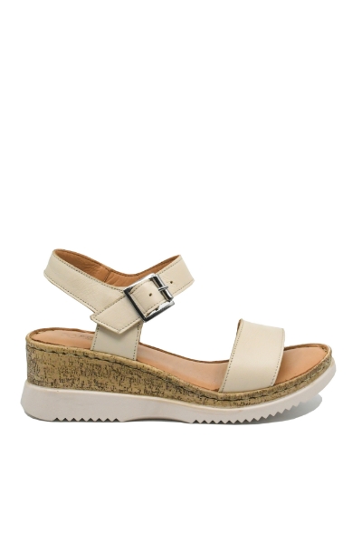 Imagine Sandale damă bej din piele naturală cu talpa wedge de plută GOR703