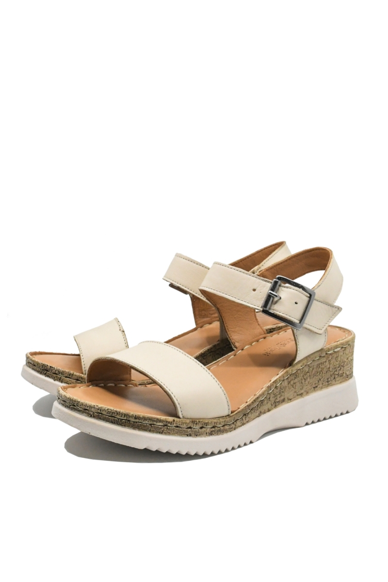 Imagine Sandale damă bej din piele naturală cu talpa wedge de plută GOR703