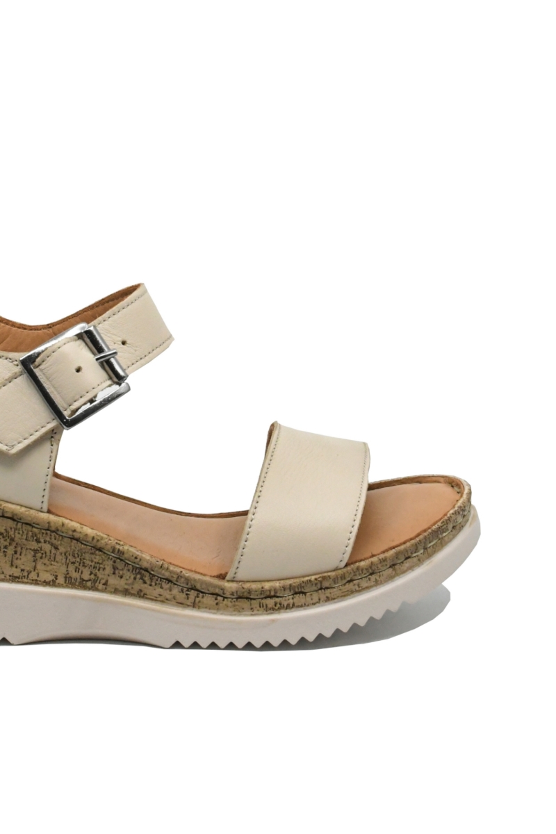 Imagine Sandale damă bej din piele naturală cu talpa wedge de plută GOR703