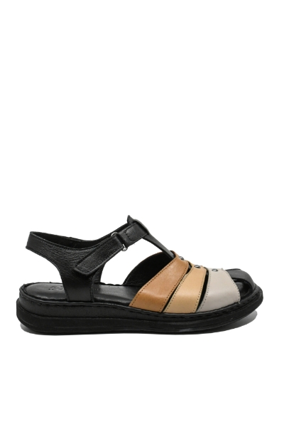 Imagine Sandale comode din piele naturală, negre cu detalii maro GOR388