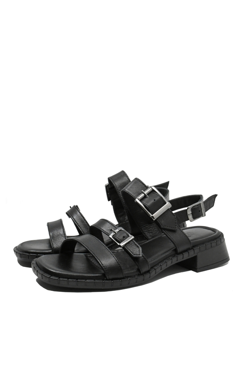Imagine Sandale damă negre din piele naturală cu barete și catarame GOR032