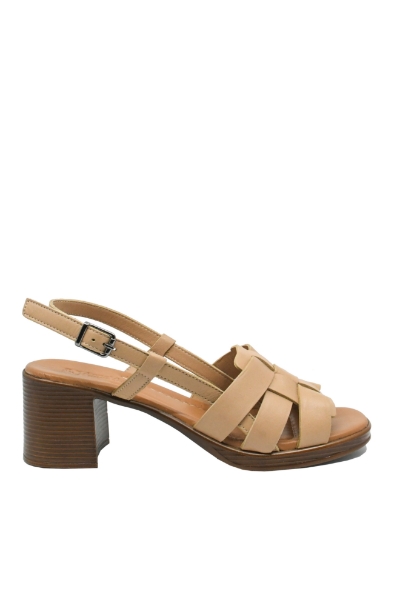 Imagine Sandale cu toc bloc maro, din piele naturală cu model împletit GOR13117