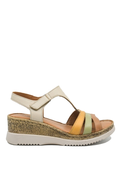 Imagine Sandale wedge damă bej din piele naturală cu barete multicolore GOR707