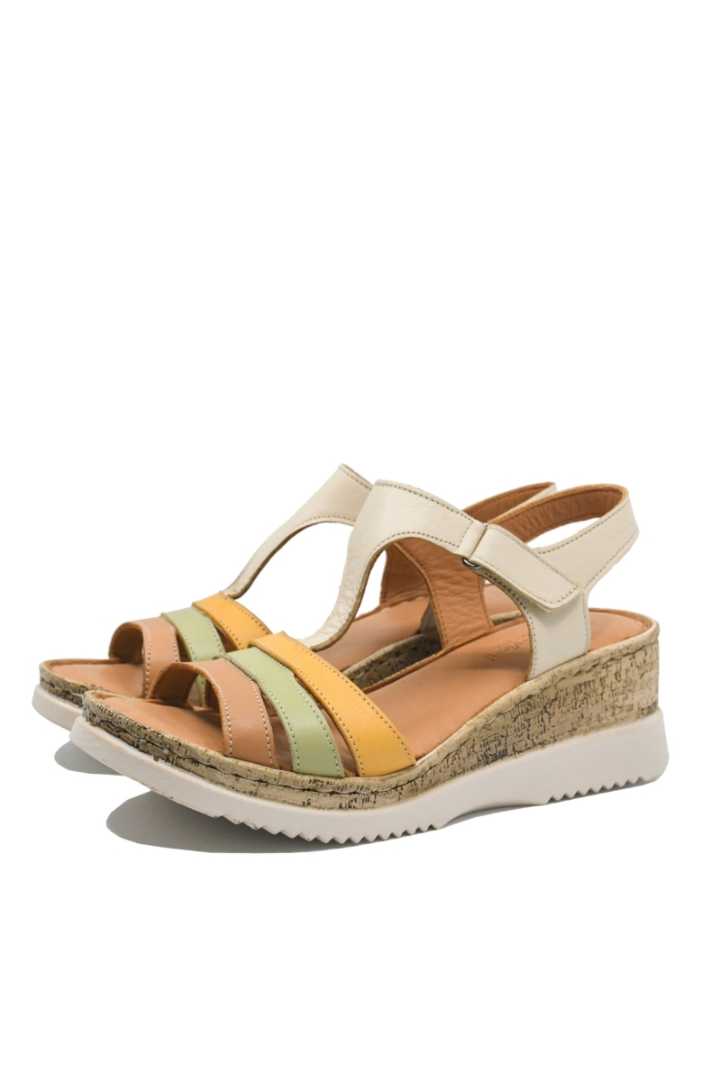 Imagine Sandale wedge damă bej din piele naturală cu barete multicolore GOR707