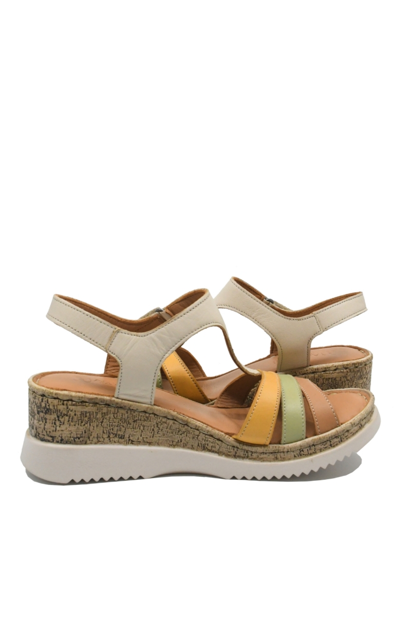 Imagine Sandale wedge damă bej din piele naturală cu barete multicolore GOR707