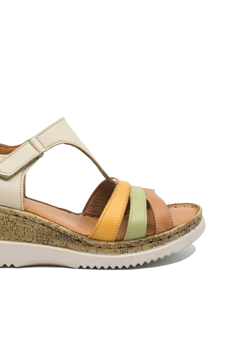 Imagine Sandale wedge damă bej din piele naturală cu barete multicolore GOR707
