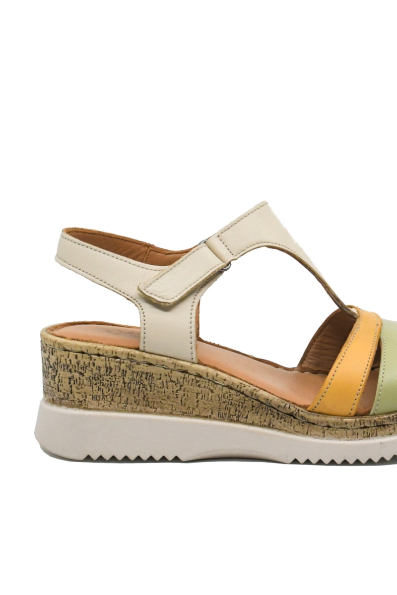 Imagine Sandale wedge damă bej din piele naturală cu barete multicolore GOR707