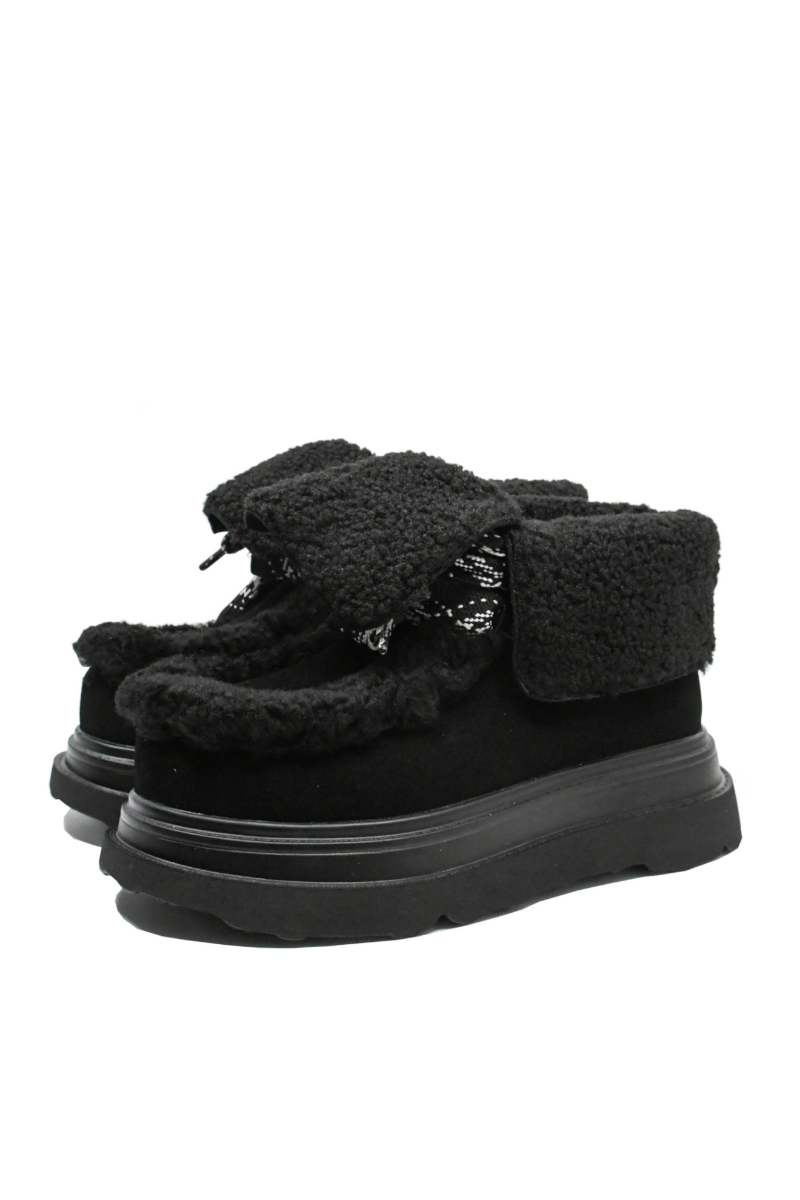 Imagine Ghete ankle cu blăniță decorativă, negre, din piele întoarsă FLGM821