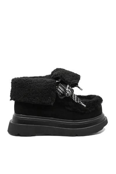 Imagine Ghete ankle cu blăniță decorativă, negre, din piele întoarsă FLGM821