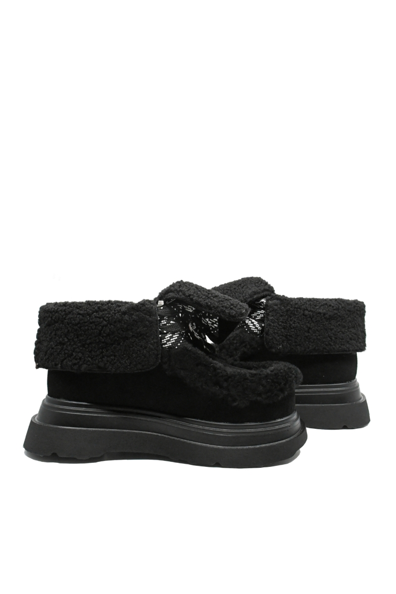 Imagine Ghete ankle cu blăniță decorativă, negre, din piele întoarsă FLGM821