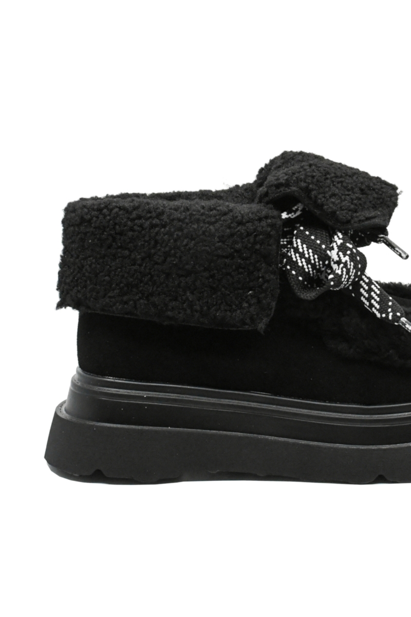 Imagine Ghete ankle cu blăniță decorativă, negre, din piele întoarsă FLGM821