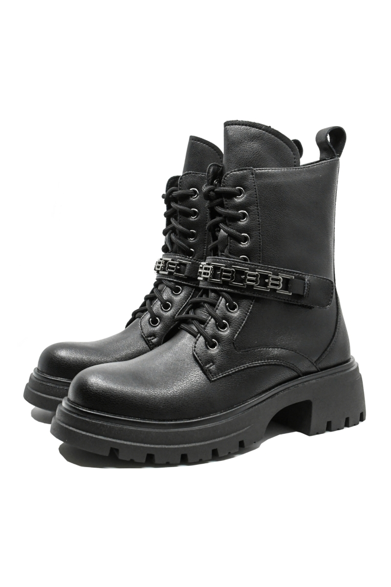 Imagine Ghete stil combat cu șireturi, negre din piele naturală GOR061