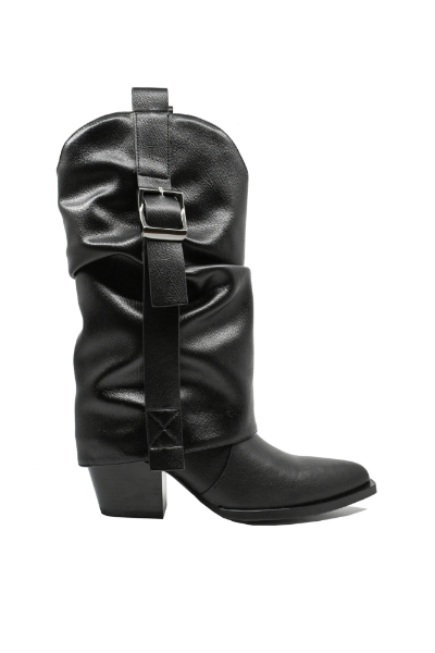 Imagine Cizme ciocate damă negre din piele naturală, cu carâmb suprapus  OTR70001