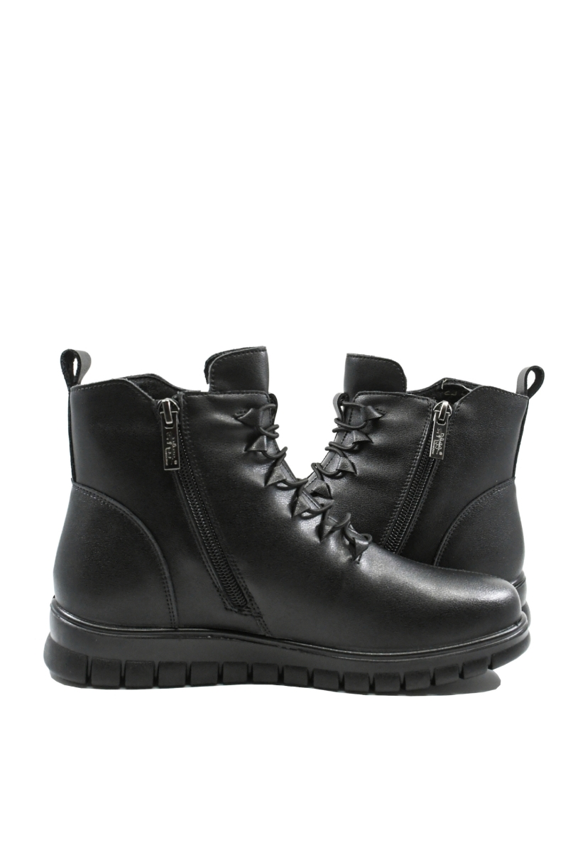 Imagine Ghete plate negre din piele naturală, cu șiret decorativ OTR570011