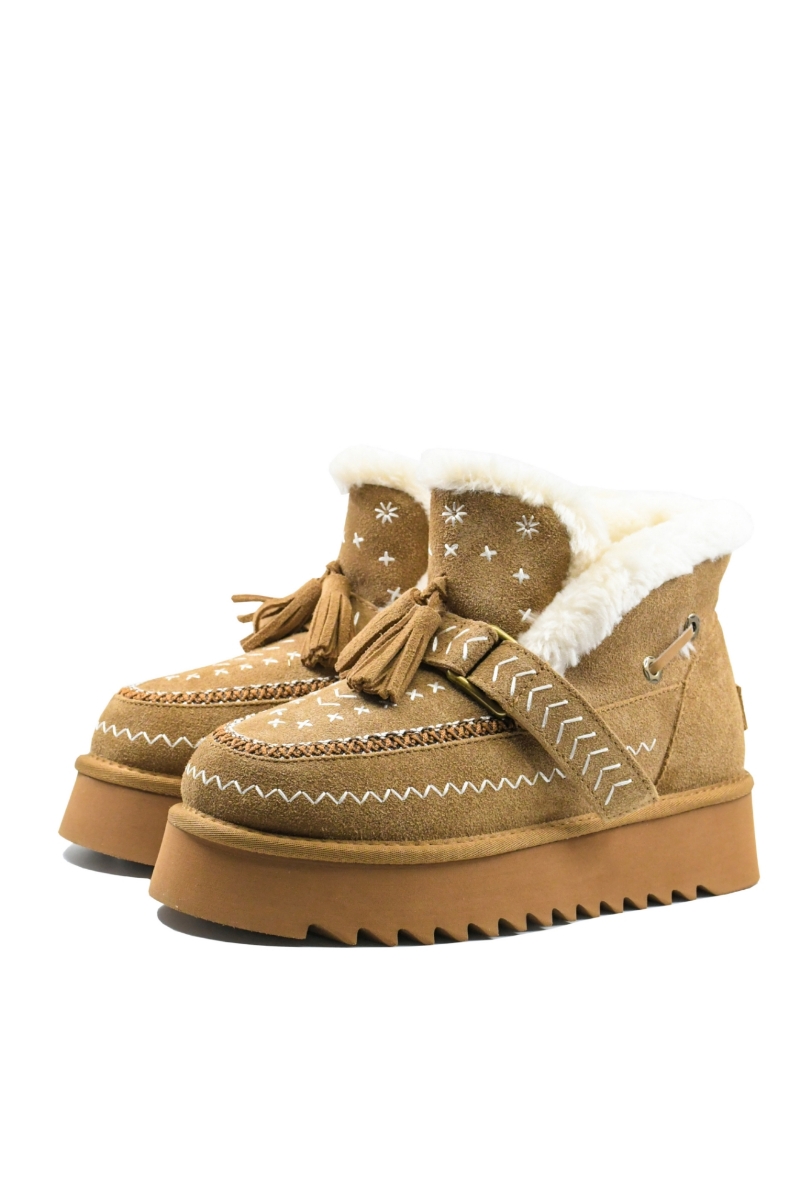 Imagine Ghete damă cu blăniță și broderie, camel, din piele întoarsă GOR113-4