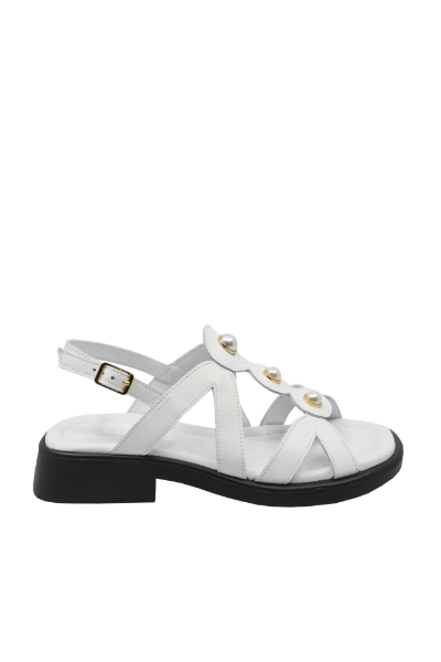 Imagine Sandale joase albe din piele naturală, cu barete și perle aplicate MIR211