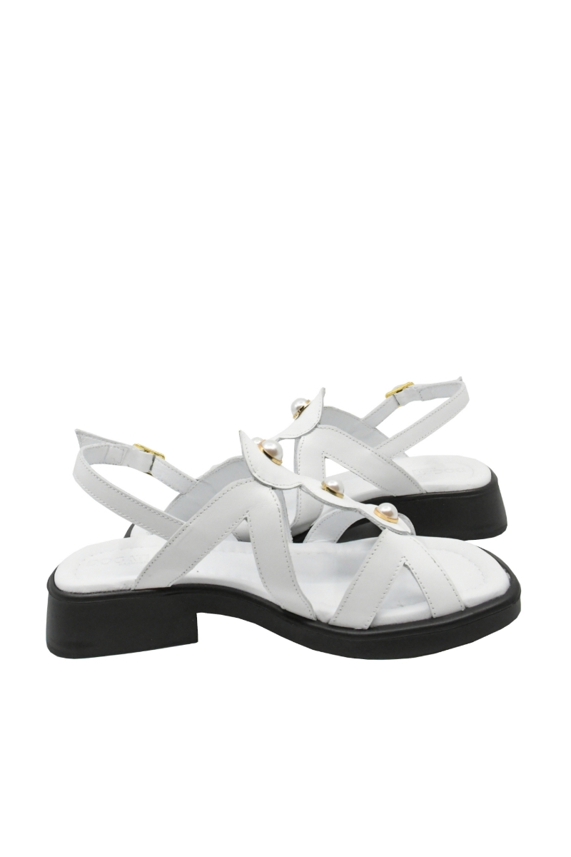 Imagine Sandale joase albe din piele naturală, cu barete și perle aplicate MIR211