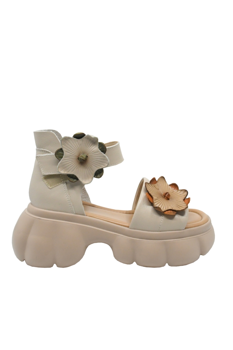 Imagine Sandale platformă crem din piele naturală și aplicații flori FNX18651