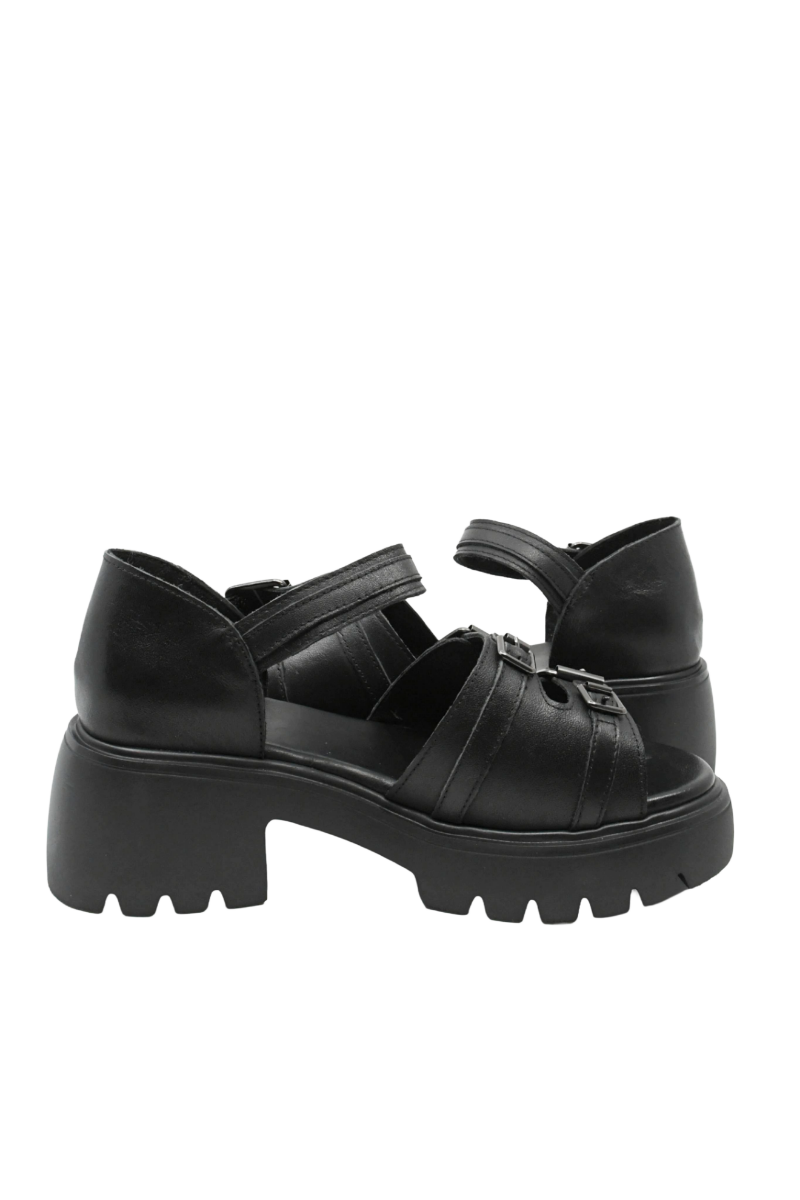 Imagine Sandale platformă negre din piele naturală, cu barete și catarame FNX10672