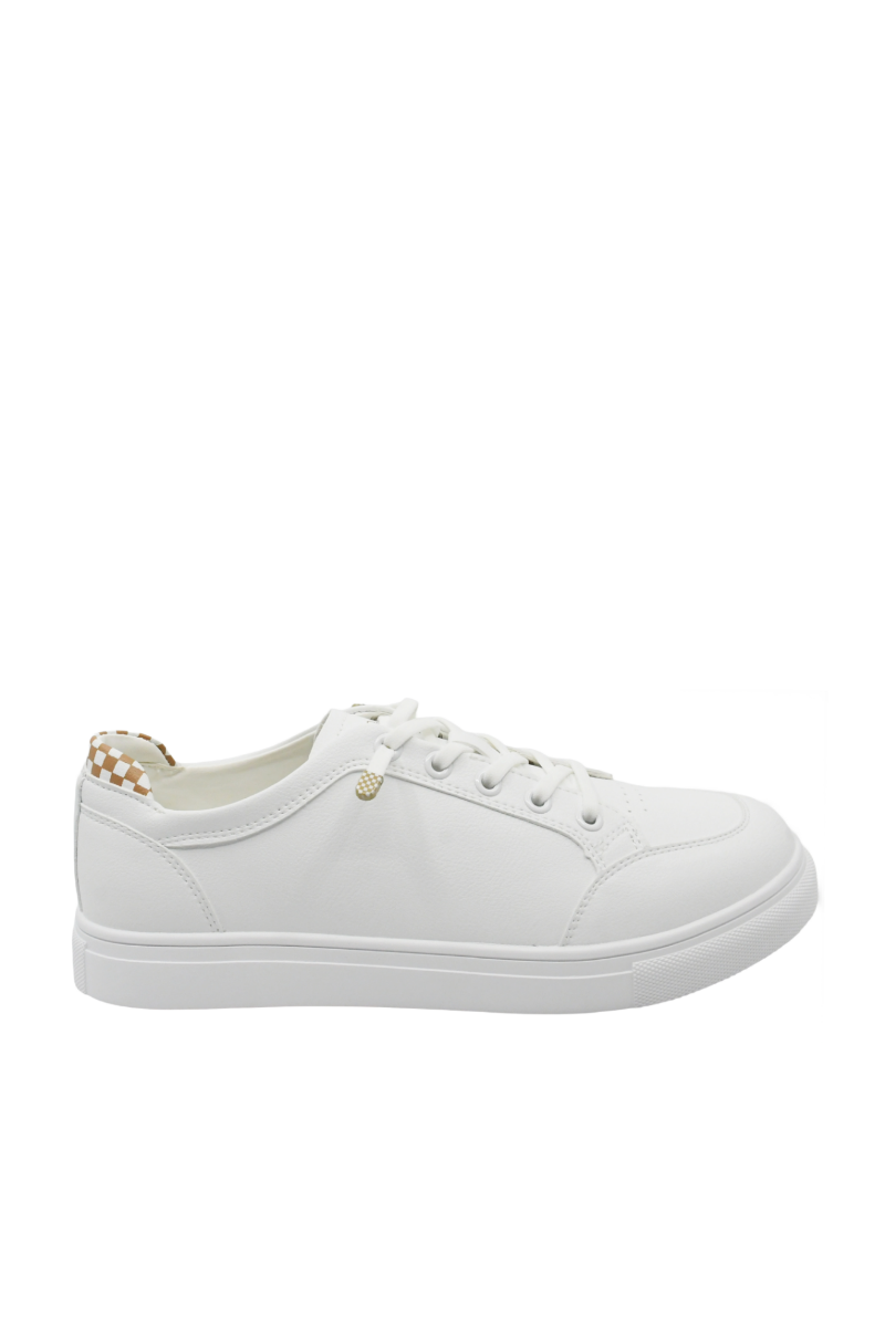 Imagine Pantofi sport albi cu detalii șah maro, din piele naturală GOR106A+M