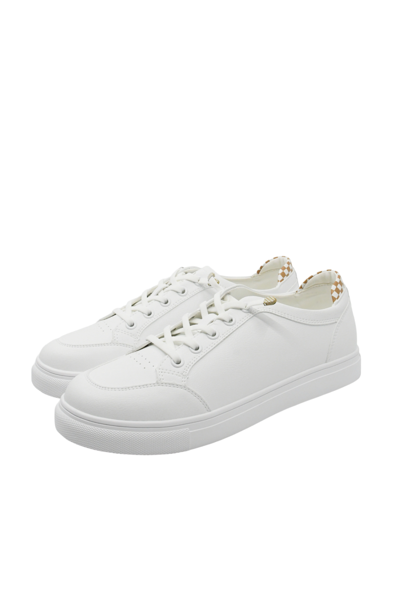 Imagine Pantofi sport albi cu detalii șah maro, din piele naturală GOR106A+M