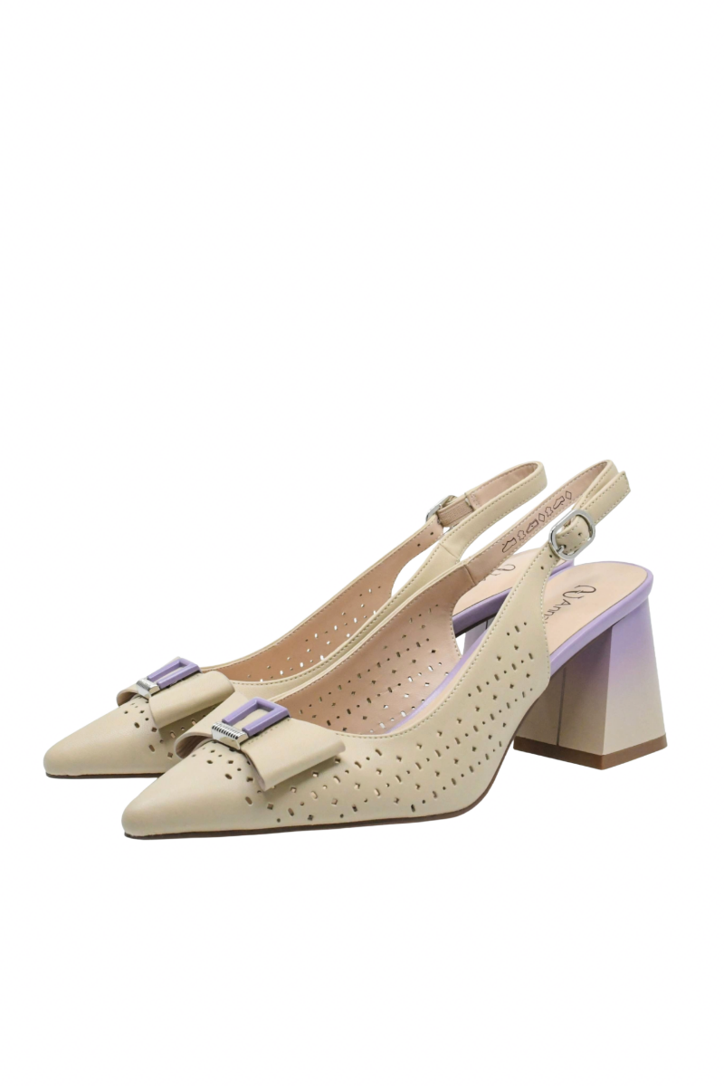 Imagine Pantofi decupați eleganți din piele naturală, camel cu detalii lavandă GOR1066