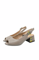 Imagine Sandale cu toc bloc, gri din piele naturală perforată GOR6369